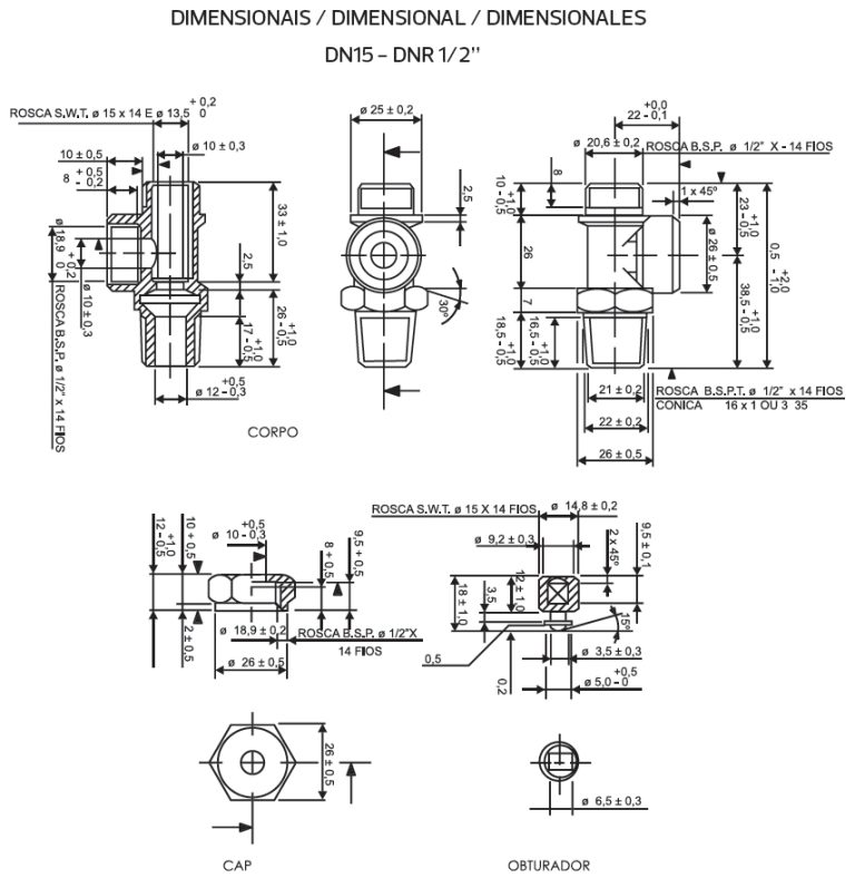 Medidas Registro Tipo Ferrule - Saneamento